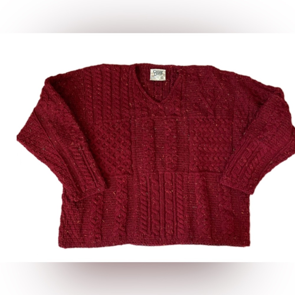 Carrig Donn Aran Irish Wool Fisherman Patchwork Boxy Sweater large Marled Red - Picture 2 of 6